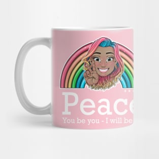 rainbow Reva Prisma peace sign emoji (white text) Mug